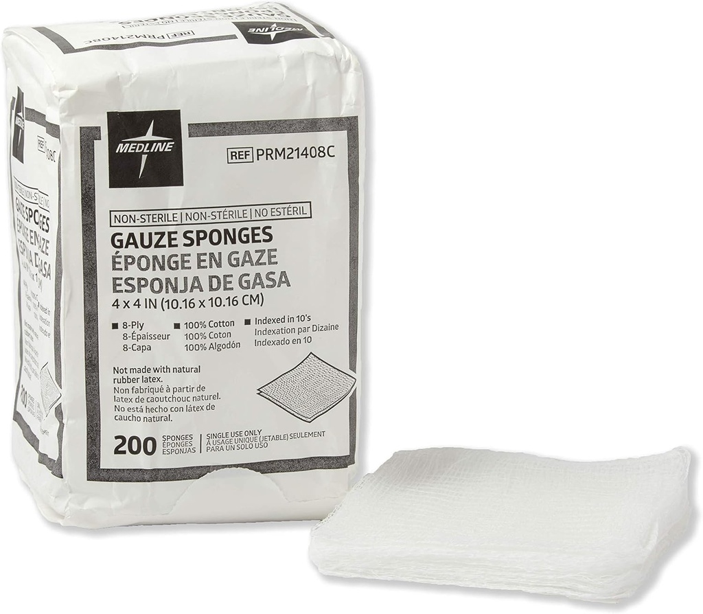 Medline Non-Sterile Cotton Woven Gauze Sponges, 8 Ply, Ideal for Wound Dressing and Cleaning, Case of 4000