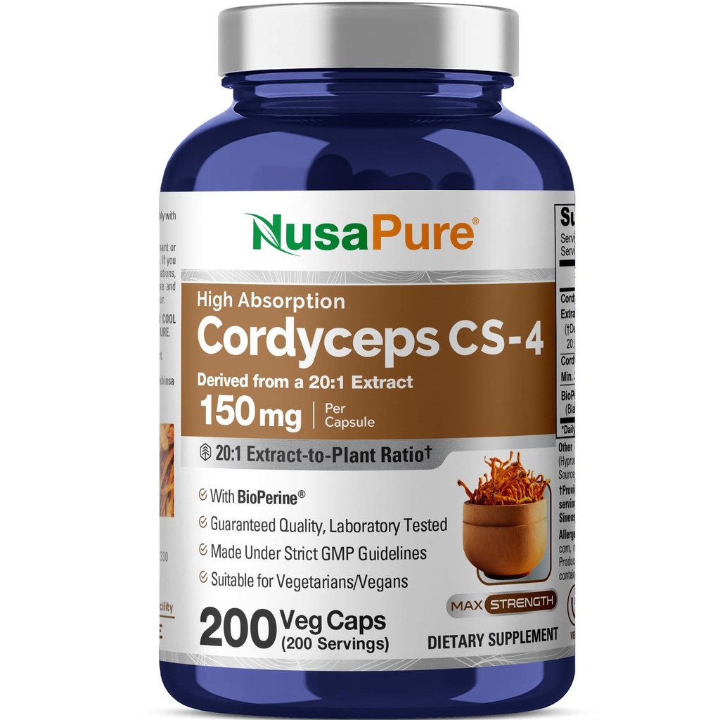 NusaPure Cordyceps 20: 1 Extract, 150 mg Ækvivalent med 3 000 mg 200 Veggie Kapsler (Sinensis CS-4, Non- GMO, Vegan) Bioperine