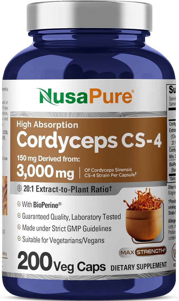 NusaPure Cordyceps 20: 1 Extract, 150 mg Ækvivalent med 3 000 mg 200 Veggie Kapsler (Sinensis CS-4, Non- GMO, Vegan) Bioperine