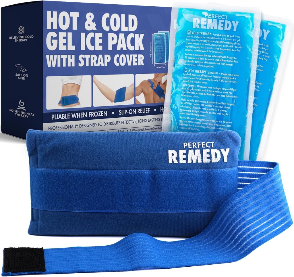 Perfect Remedy 2- Pack Gel Ice Packs til skader med strop Cover, Fleksibel varm kold komprimere, Lindrende bløde isposer til støtte i skader Betingelser, Alternativ til varmt vand flasker (blå, Regelmæssig)