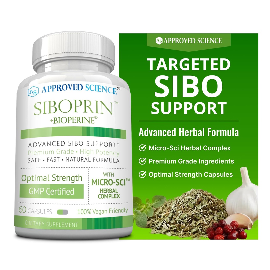 Godkendte videnskab Siboprin - 60 kapsler - Support Gut Balance, Sothe Intestinal Irritation, Hjælp med kramper og bloating - Kapsel Acid, Barberry, Oregano - Vegan