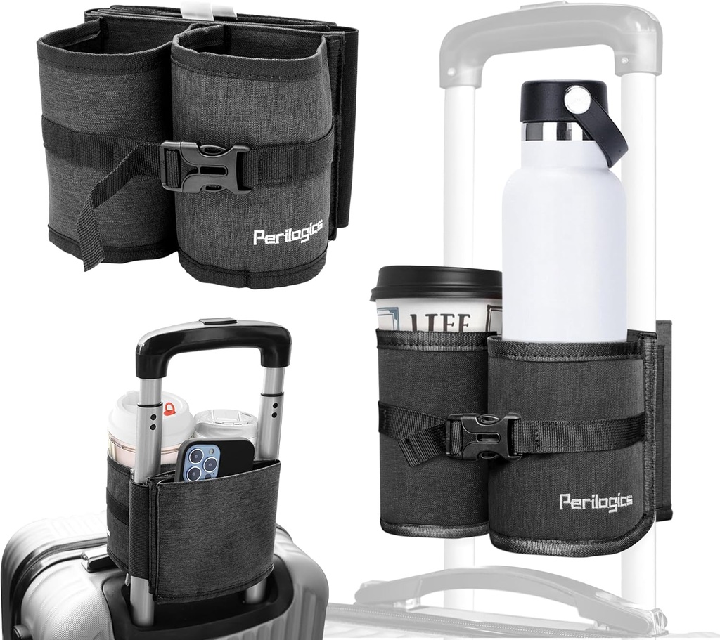 Perilogics Bagage Travel Cup Holder hænder gratis drikke Caddy til Suitcase Handle. Perfect Airplane Travel Essential Tilbehør til Hyppig Rejsende, Flyvelæge eller med Børn (Dark Gray)