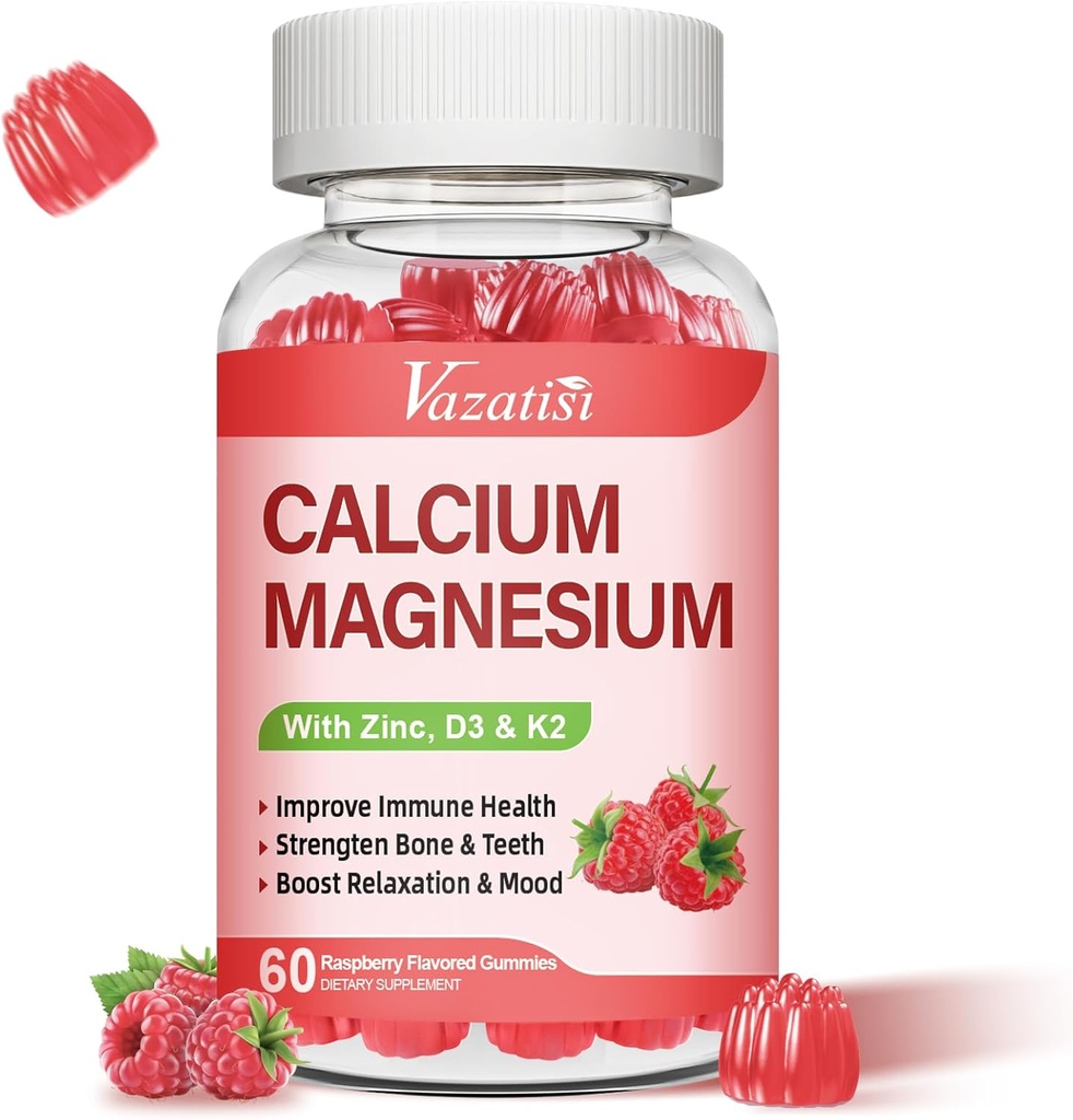 Calcium Magnesium Zinkgummier med D3- og K2- vitamin, høj absorption Magnesiumglycinat Kalium til immun- og roligmood, Raspberry Flavor 60 gummies