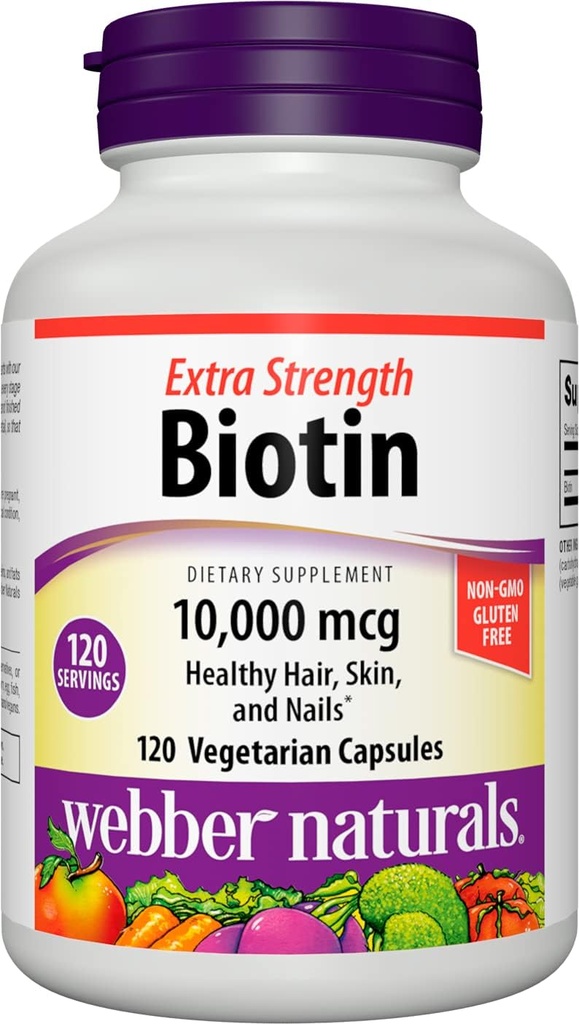 Webber Naturals Biotin 10.000 mcg, Extra Strength, 120 kapsler, sundt hår, hud & negle, vitamin supplement, Vegan
