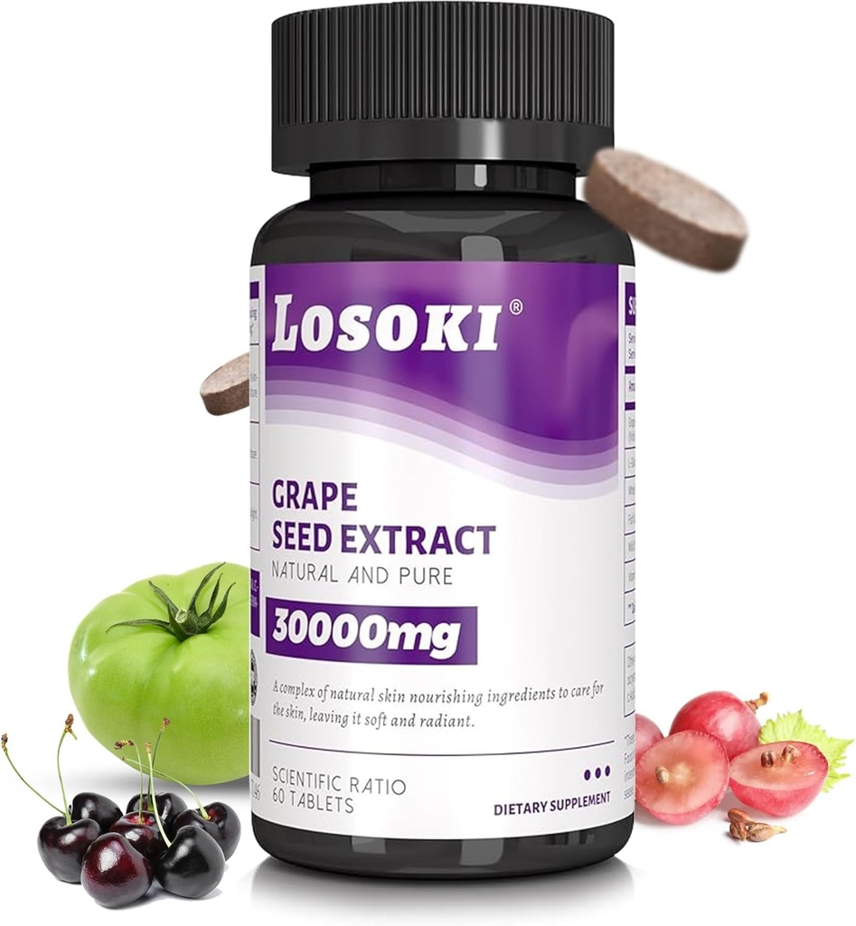 Losoki Skin Nourishing Supplement - Infused with Grape Seed Extract and Vitamin C - 60 Tablets