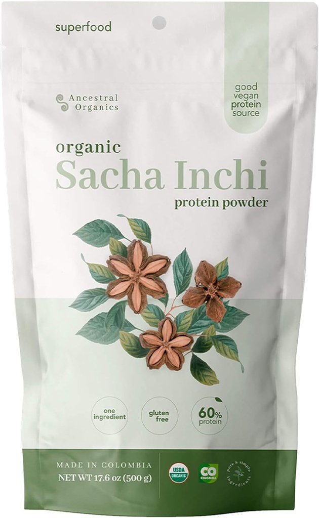 ANCESTRAL Organics Vegan Protein Powder, Sacha Inchi Certified Organic Superfood - 17g Plant Based Protein - Nutrient Rich - Gluten Free, Dairy Free, Sugar Free - 1.1lb