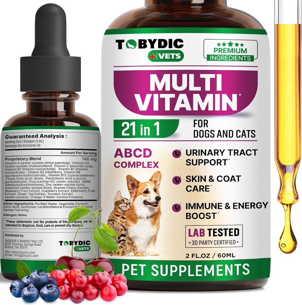 Kat & hund Multivitamin 21 i 1 Pet Kosttilskud med Cranberry & Glucosamin - Natural Medicine & Support for UTI, Urinary Tract, Bstige, Nyre, Skin Coat, Joints Treatment Made in USA