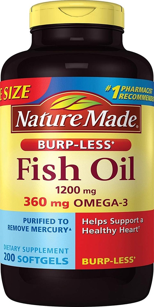 Burp- Mindre Fish Oil 1200 mg, 200 Softgels, Fish Oil Omega 3 tillæg For hjerte sundhed