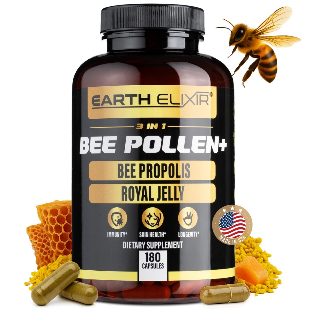Earth Elixir 3- in-1 Organic Bee Pollen Capsule - Non- GMO, Pure Raw Bee Pollen, Royal Jelly, Propolis Extract for Women & Men - Natural Energy, Immunation & Vitality Support - 180 Propolis Capsules