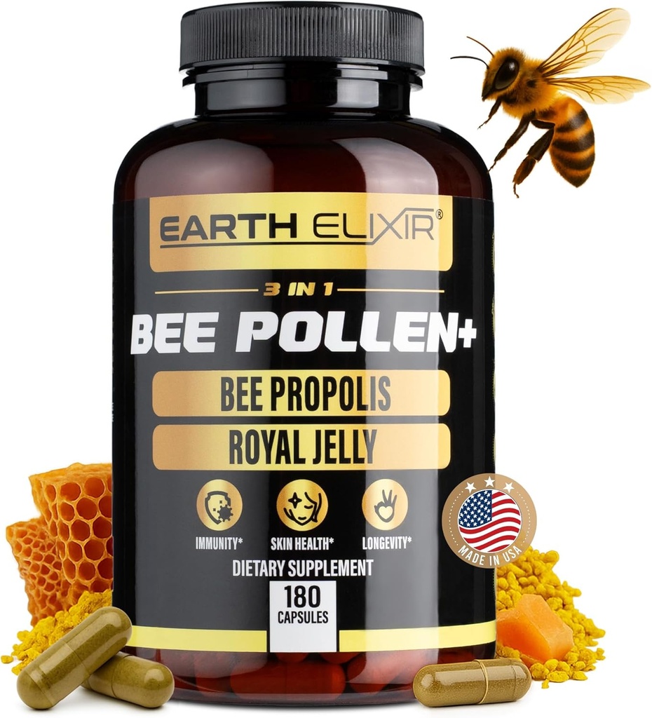 Earth Elixir 3- in-1 Organic Bee Pollen Capsule - Non- GMO, Pure Raw Bee Pollen, Royal Jelly, Propolis Extract for Women & Men - Natural Energy, Immunation & Vitality Support - 180 Propolis Capsules