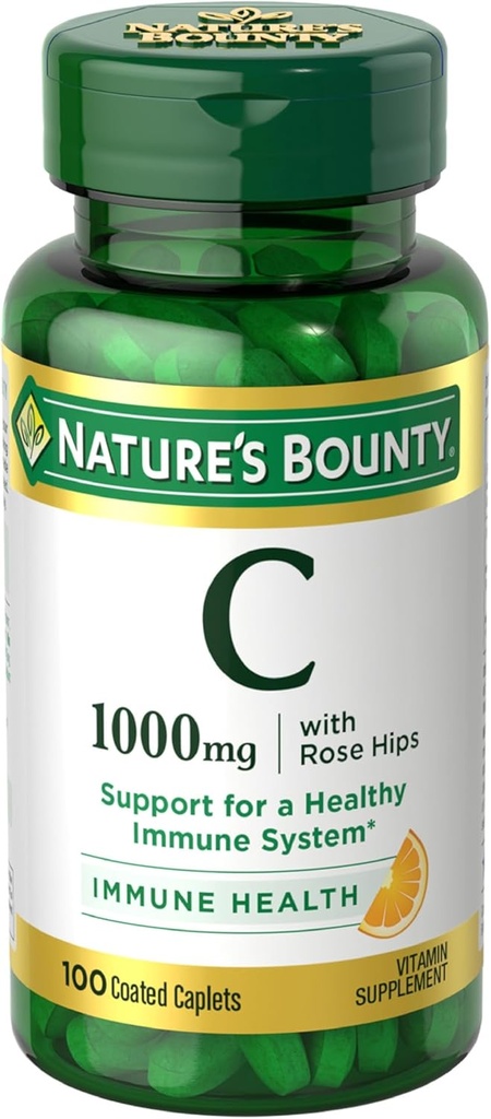 Naturens Bounty C-vitamin + Rose HIPS, immunforsvar, 1000mg C-vitamin, Overtrukne kapsler, 1 Servering per dag, Vegetariske kapsler, 100 Ct
