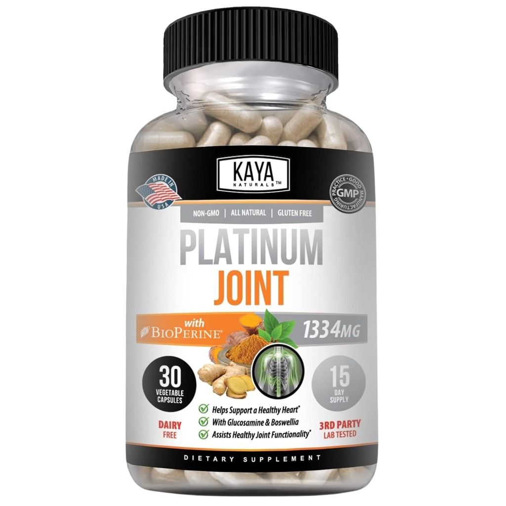Kaya Naturals Platinum Mobilitet Gurkemeje - Bioperine, Glucosamin, Gurkemeje med Boswellia, Sund Naturlig Mobilitet Support, Gurkemeje 1334mg - 30 Kapsler