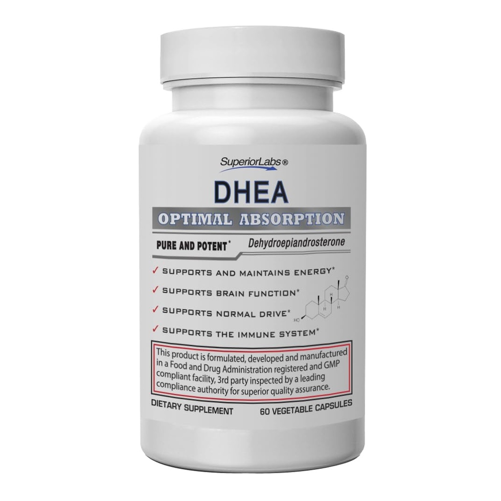 Superior Labs - Extra Strength Natural DHEA - Non- GMO 100 mg dosis, 60 Vegetabilske kapsler - fremmer sund aldring i mænd og kvinder - Hjælper Genskaber ungdommelige energiniveauer