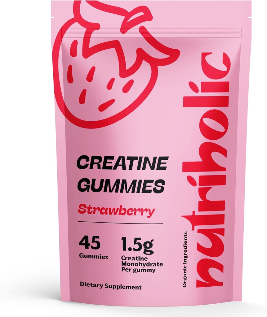 Creatine Monohydrate Gummies for Mænd og Kvinder - Nem at finde, Vegansk, Glutenfri, Non- GMO, 1,5 g Creatine per Gummy - 45ct (45 Greve, Jordbær)