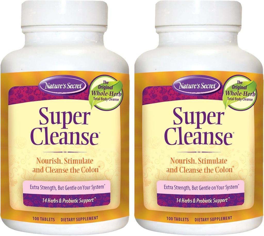 Nature 's Secret Super Cleanse Extra Strength Toxin Detox & Gentle Elimination Body Cleanse, Digestive & Colon Health Support - Stimulerende Blend af 14 urter med Probiotika - 100 tabletter (pakke med 2)