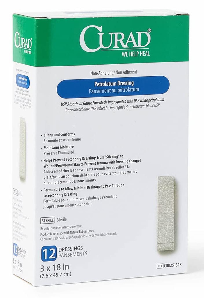 Curad Steril Latex Free Petrolatum Gauze Dressing, 3 "x 18" (pakke med 72)