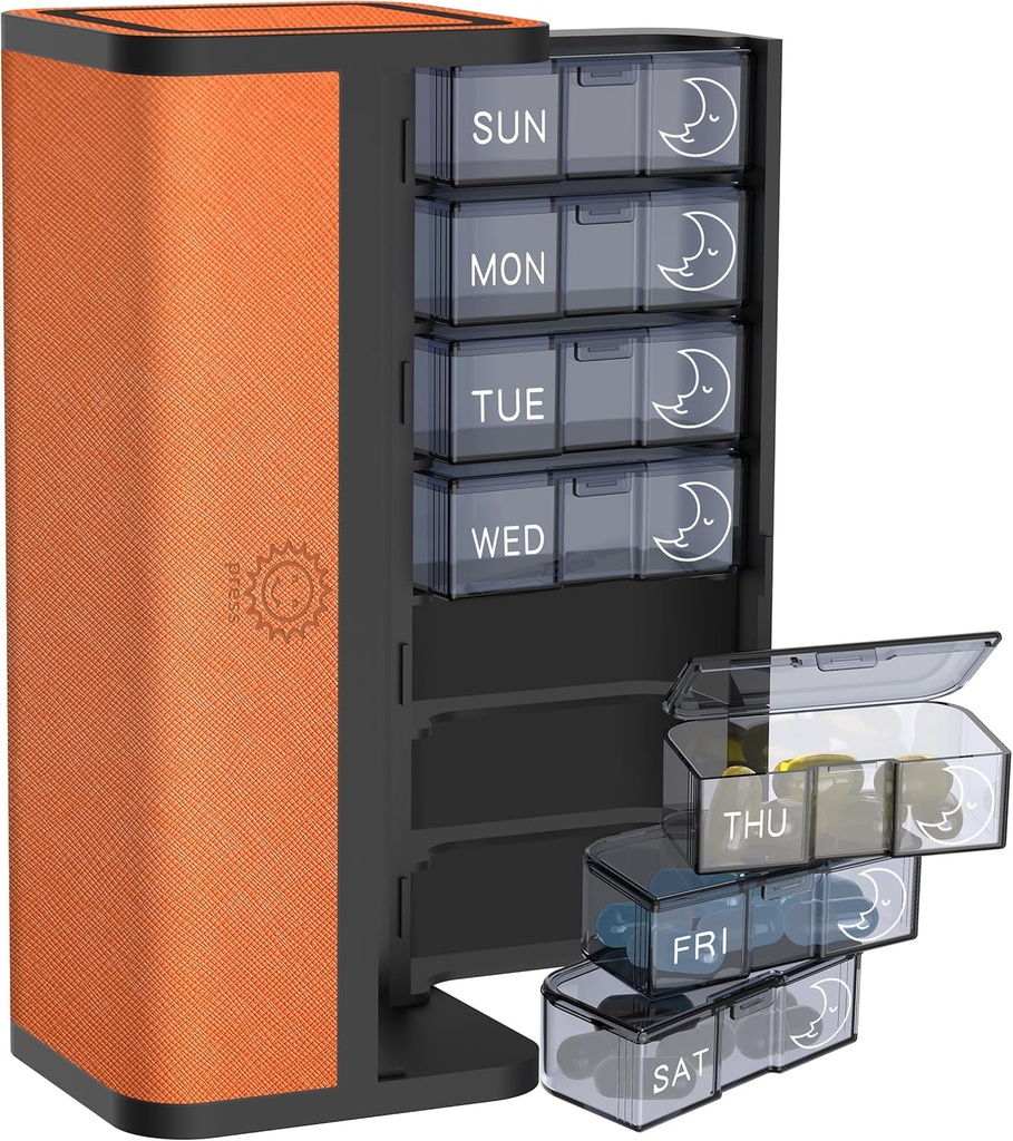 7-Dag AM / PM Pill Organizer med Scratch- resistent læder sag - Portable ugentlige rejse medicin boks med Aftagelige daglige Pods & Privacy Design (Bright Orange)