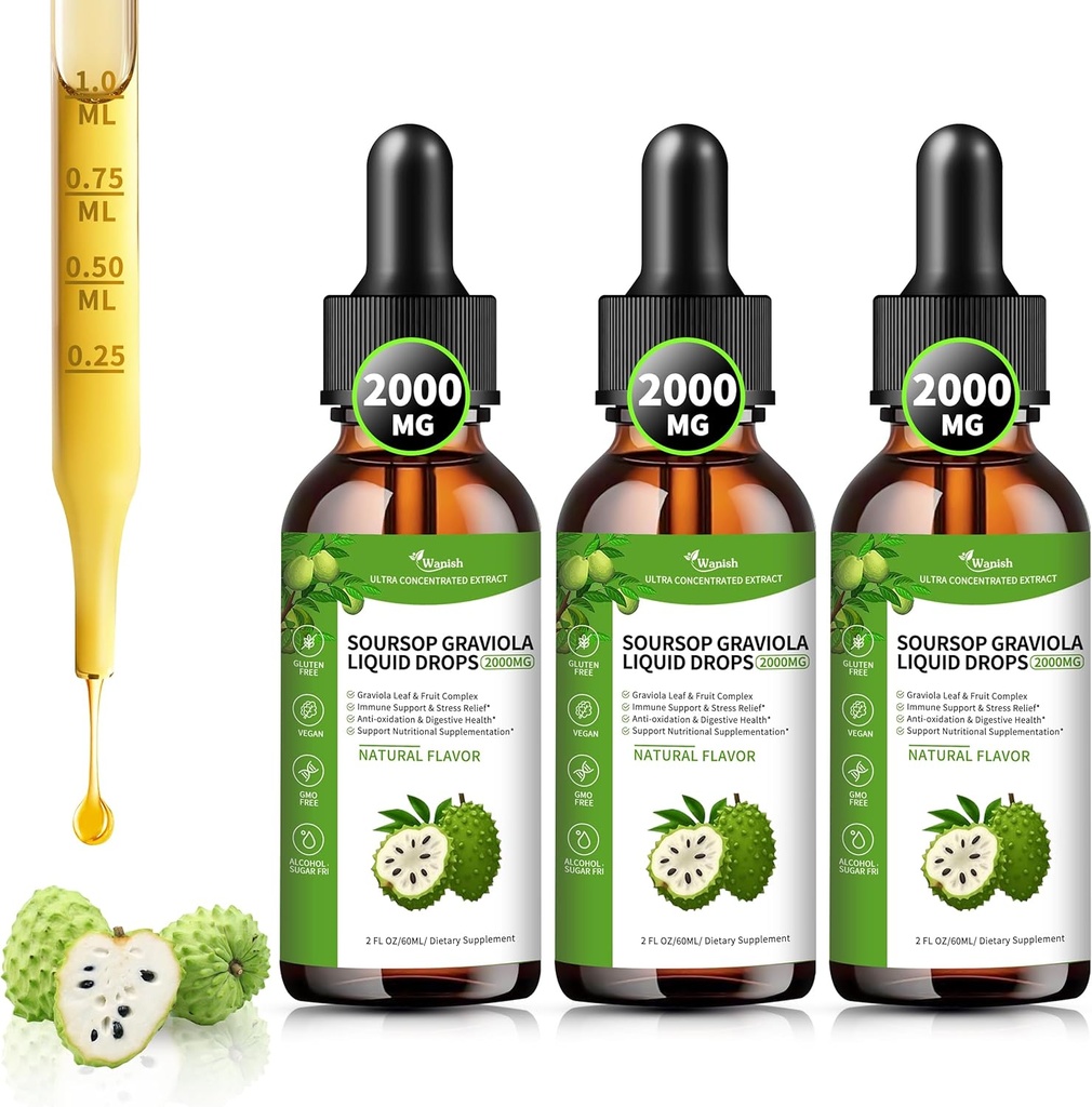(3 Pack) Soursop Graviola Liquid Drops 2000mg, 98% Absorption Soursop Bitters Liquid for Cell Support & Regeneration, Immunboost, Lever, Herbal Good, Sugar / Gluten Free, Natural Flavor, 6 Fl Oz