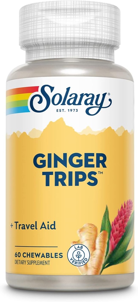 SOLARAY Ginger Trips Travel Aid | Root Extract | Healthy Digestive Support w/Honey, Stevia & Molasses | 60 Chewables