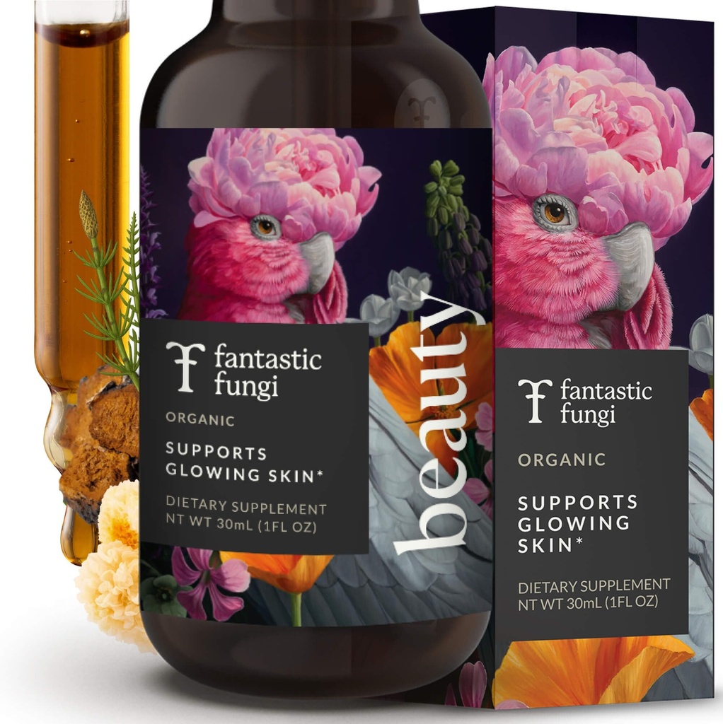 Fantastic Fungi Beauty Elixir med Tremella Mushroom Extract, Chaga Mushroom Extract, Horsetail & Acerola - Organic Drops for Sund Hår, Hud & Nails - Formuleret i USA - 30 Servering, 1 fl oz