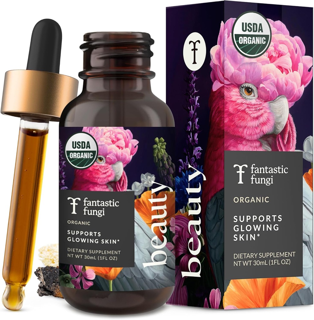 Fantastic Fungi Beauty Elixir med Tremella Mushroom Extract, Chaga Mushroom Extract, Horsetail & Acerola - Organic Drops for Sund Hår, Hud & Nails - Formuleret i USA - 30 Servering, 1 fl oz