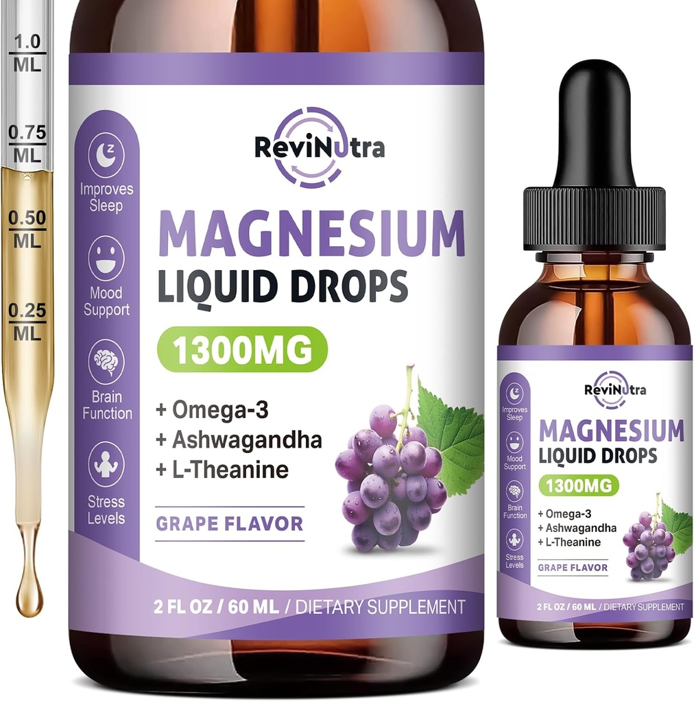 Triple Magnesium Complex Liquid Drops - 1300mg Magnesium Glycinat, Taurat & Citrate med Omega3, L- Theanine, Ashwagandha, Kalium - Support Sleep, Nerve, Immunation, Energy - Grape Flavor, 2 Fl OZ