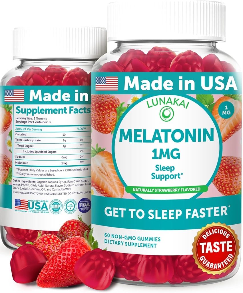Lunakai USA Lavet lav dosis Melatonin Gummies 1mg - genert søvnhjælp til voksne & børn - Non-GMO, Vegan, Gluten- Free - 60 Greve
