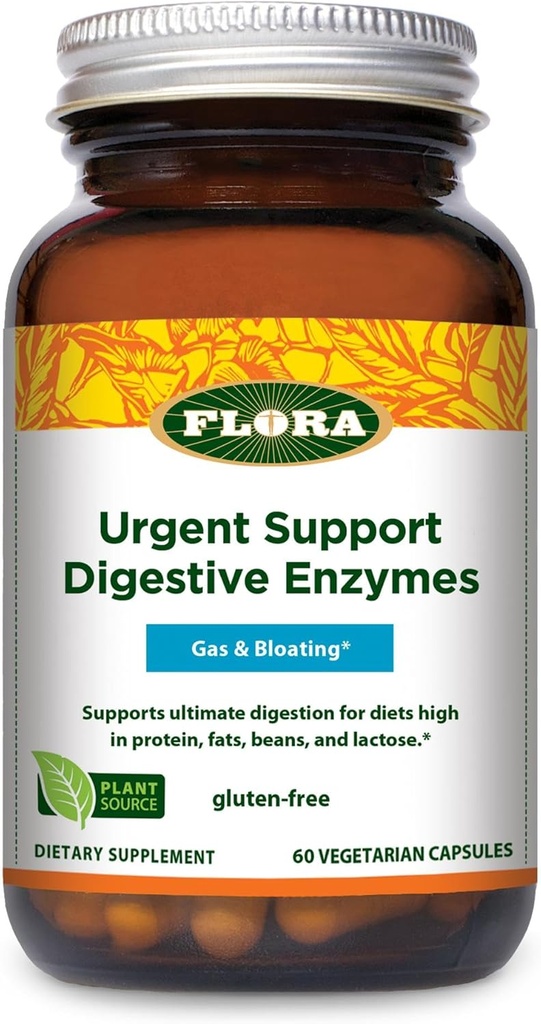 Flora Urgent Support Digestive Enzymes - Digestion Support Supplement - Aids Bloating & Nutrient Absorption - Features 9 Enzymes - Gluten-Free & Non-GMO - 60 Vegetarian Capsules