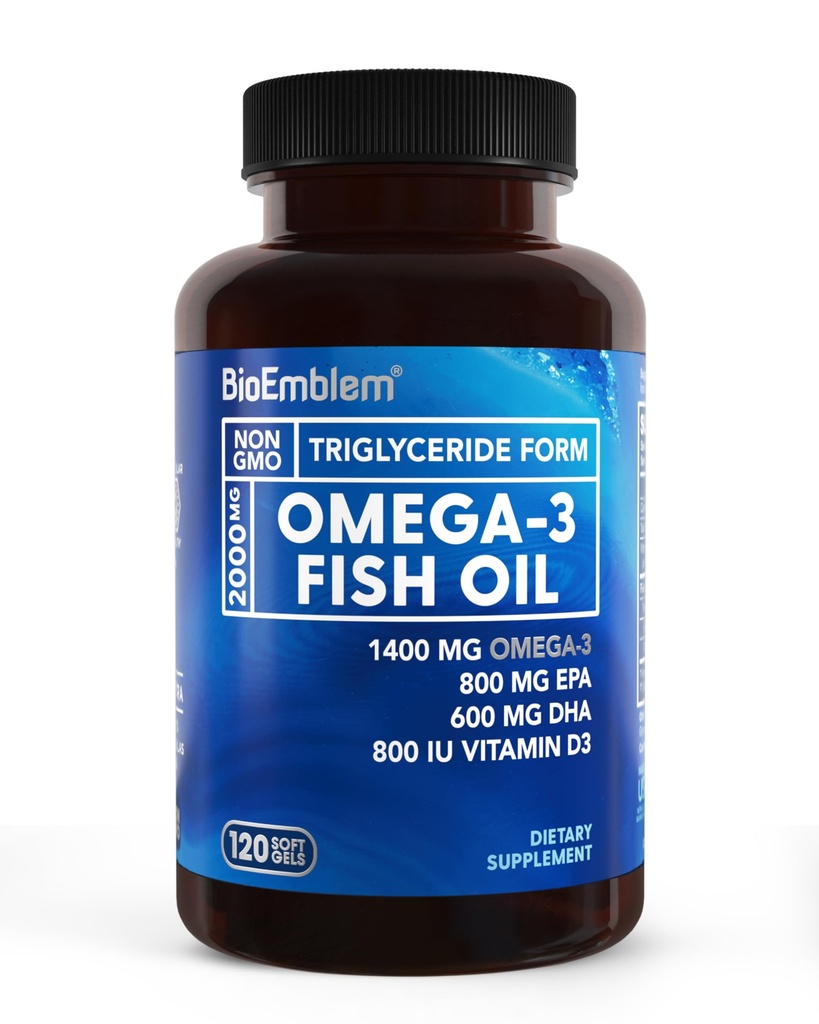 Bioemblem Omega-3 Fish Oil 2000mg - Lille størrelse Softgels, High Absorption Form, Sustainable - 1400mg EPA & DHA Plus D3- vitamin, non- GMO, Heart, Joint, & Brain Health Fish Oil Supplement, 120 Ct