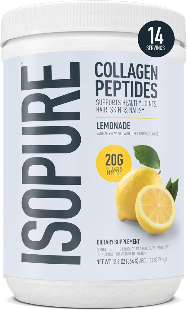 Isopure collagen peptider pulver, fremmer hår, negle, hud og fælles sundhed, med C-vitamin og biotin, Lemonade, 20g Collagen peptider Per Servering, 11.36 Oz, 14 Servere (Packaging May Vary)