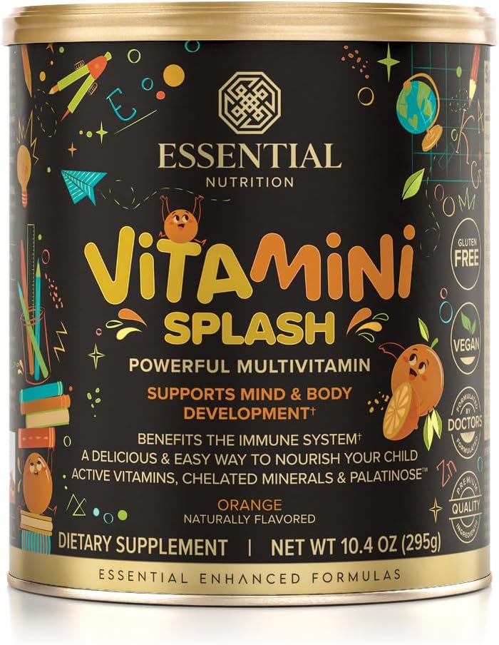 Essential Nutrition Vitamini Splash - Kids multivitamin Powder - Nutritional Support - 13 Aktive Vitamin & 6 Chelated Minerals, Prebiotic Fiber - Orange Flavor - (10,4 oz) - Vegan