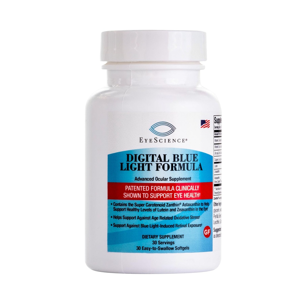 EyeScience Digital Blue Light Formel - Understøtter Eye Health med Astaxanthin, Lutein & Zeaxanthin - Hjælper med at holde komfort under skærmtid - Non- GMO, Gluten- Free, 30 Softgels