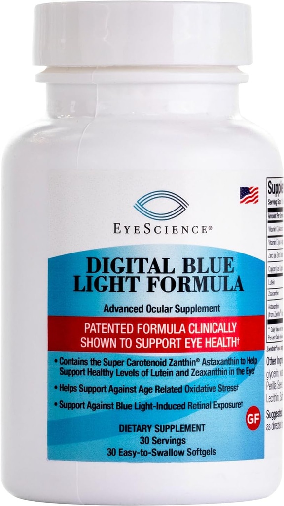 EyeScience Digital Blue Light Formel - Understøtter Eye Health med Astaxanthin, Lutein & Zeaxanthin - Hjælper med at holde komfort under skærmtid - Non- GMO, Gluten- Free, 30 Softgels