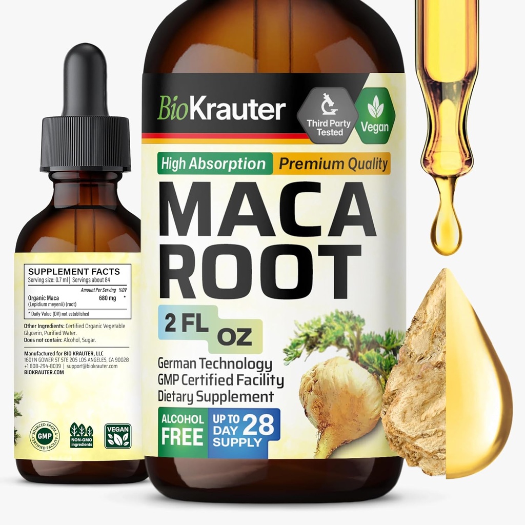 BIO KRAUTER Maca Root Liquid Drops - Maca Root Tincture - Vegan, Sukker & Alkohol Free Extract 2 Fl.Oz.