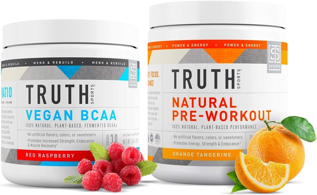 Truth Nutrition Natural Atlete Workout Stack - Natural Preworkout (Orange Tangerine) + Vegan BCAA (Rød Hindbær)