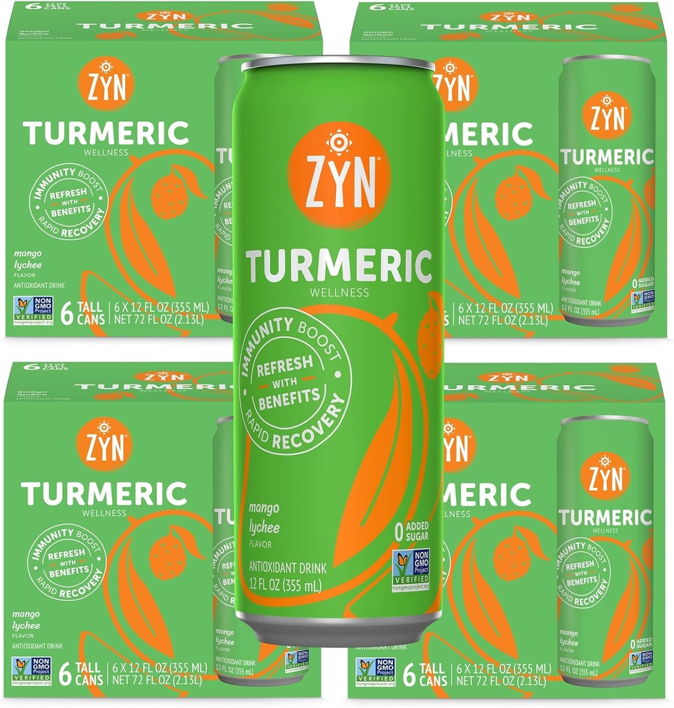 ZYN gurkemeje wellness drink (24 Pack), Mango Lychee Flavored gurkemeje drik med sort peber, ingen tilsat sukker, lav Carb & lav kalorie drik, ren alternativ