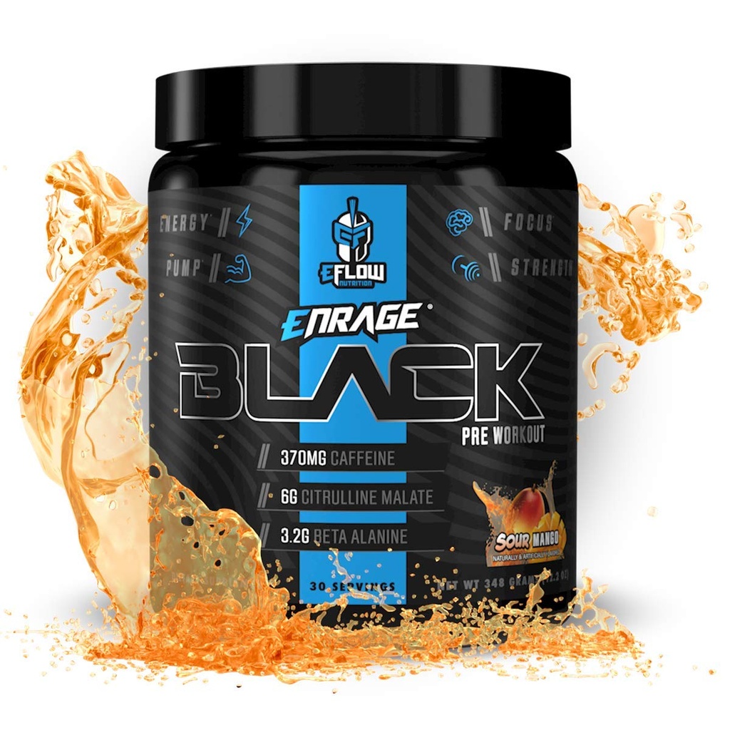 eFlow Nutrition Enrage Black High Stimulant Pre Workout Supplement - Preworkout Powder to Boost Energy, Pumper og Styrke - 4 Arme (30 Servere) (Sour Mango)