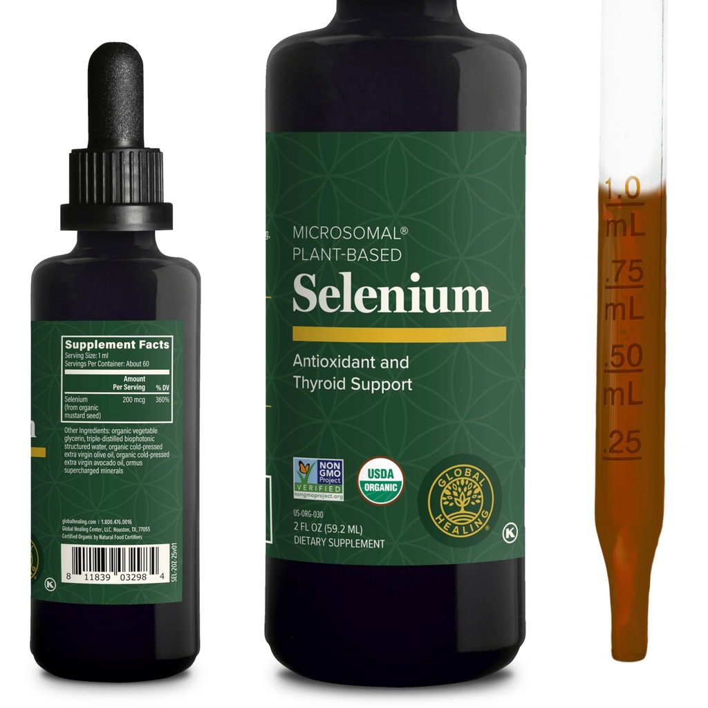Global Healing Center - Selenium 200mcg, Selenium Supplement Drops med økologiske ingredienser, Antioxidanter til Thyroid og immunforsvar, Non- GMO & Gluten- Free, for Mænd & Kvinder - 2 Fl Oz