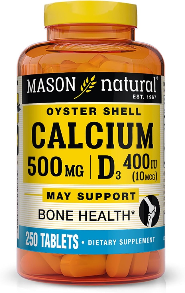 MASON NATURAL Calcium 500 mg (Oyster Shell) med D3- vitamin til at understøtte normal knoglen- og muskelfunktion, 250 tabletter