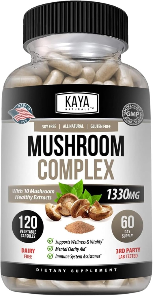 Kaya Naturals Premium Mushroom Complex Potent - Mushroom supplement - Mushroom Complex kapsler 1995mg Per Servering - Aids Mental Clarity Supports Immunsystem, Wellness & Vitality - 120 Greve