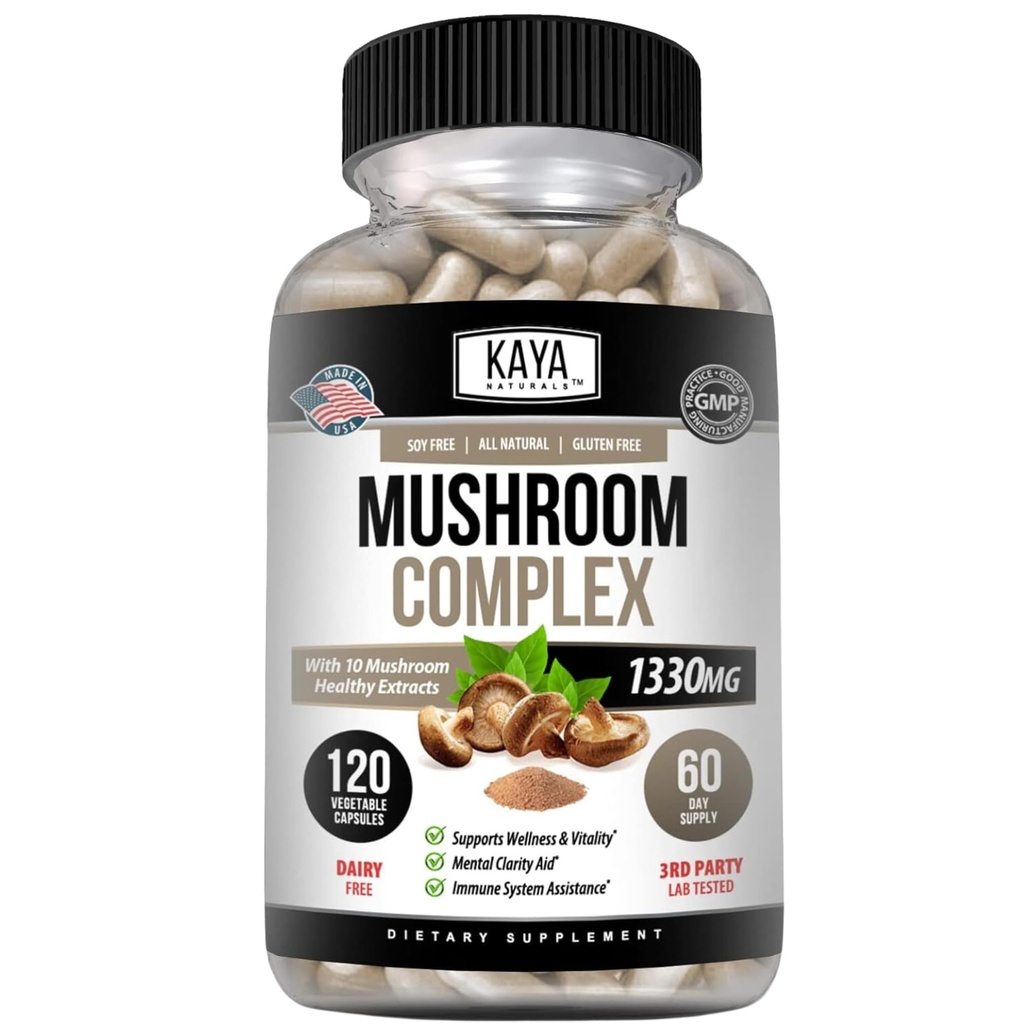Kaya Naturals Premium Mushroom Complex Potent - Mushroom supplement - Mushroom Complex kapsler 1995mg Per Servering - Aids Mental Clarity Supports Immunsystem, Wellness & Vitality - 120 Greve
