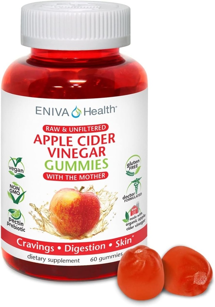 Eniva Health Apple Cider Vinegryn Gourmet Gummy Vitaminer 60 Ct USDA Organic ACV Vegan Gluten Free Non- GMO med moderen B9 B12 Beetroot Pomegranat Energy Curb Cravings Detox Rense Immunitet