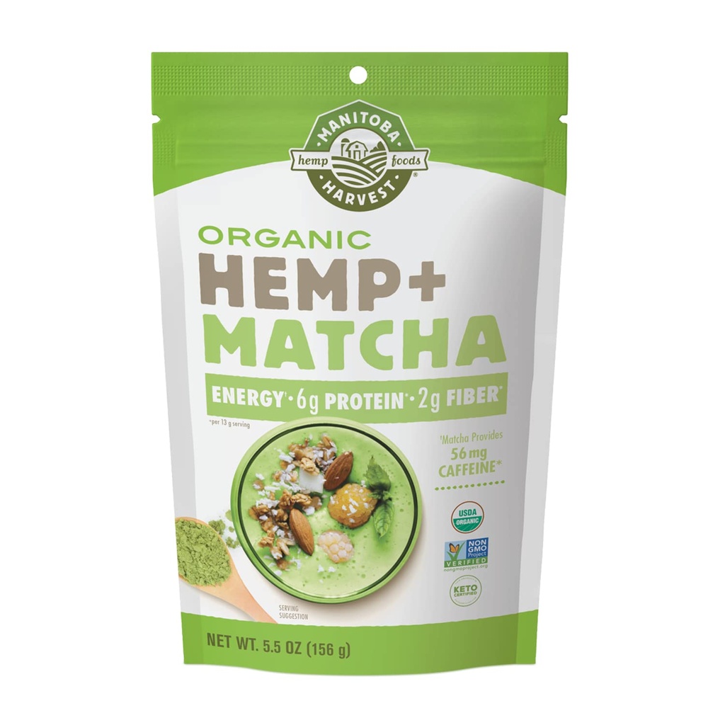Manitoba Harvest Organic Hempp & Matcha Powder, 5,5 oz, Energy, 6g protein, 2g fibre per servering, Matcha protein pulver, Vegan, non-GMO projekt verificeret, 56g koffein, Packaging May Vary
