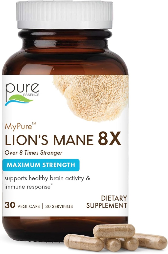 PURE VÆSENTLIGE ETIKER MyPure Lions Mane 8X - Max Strength Brain Support med 100% Fruiting Body Organic Lions Mane for Ultimate Cognitive Performance, Focus, og Mental Clarity, 30 Kapsler