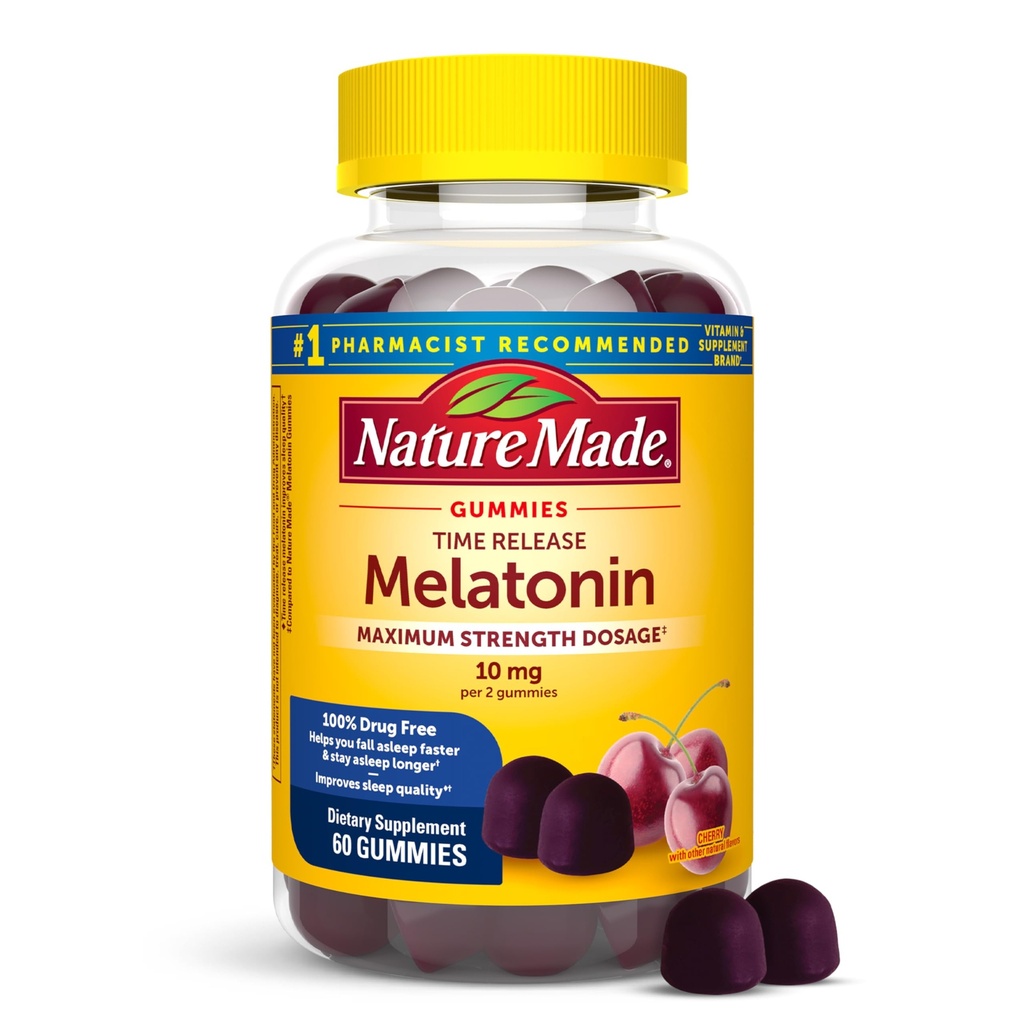 Natur Lavet tidsfrigørelse Melatonin Gummies 10mg per servering, Maksimal styrke Dosering Sovehjælp til voksne, 100% narkotika fri, 60 Gummies, 30 dages forsyning