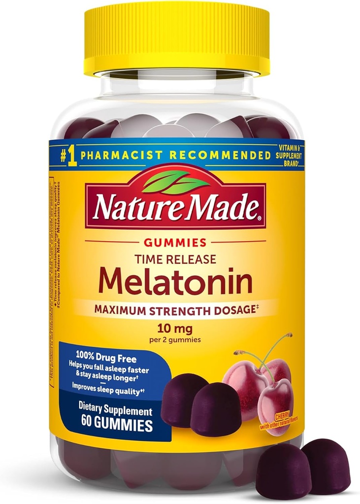 Natur Lavet tidsfrigørelse Melatonin Gummies 10mg per servering, Maksimal styrke Dosering Sovehjælp til voksne, 100% narkotika fri, 60 Gummies, 30 dages forsyning