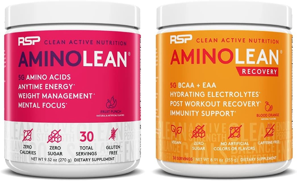 RSP NUTRITION AminoLean Pre Workout Energy (Fruit Punch 30 Servering) med AminoLean Inddrivelse Post Workout Boost (blod Orange 30 Servering)