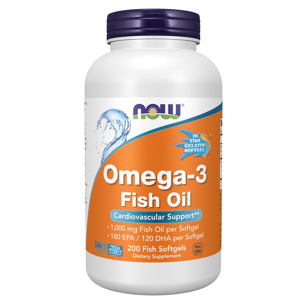 Now Foods Supplements, Omega-3 180 EPA / 120 DHA, Molekylært Destilleret, Cardiovaskulær Support *, 200- Fish Gelatine Softgels, Emballage kan variere