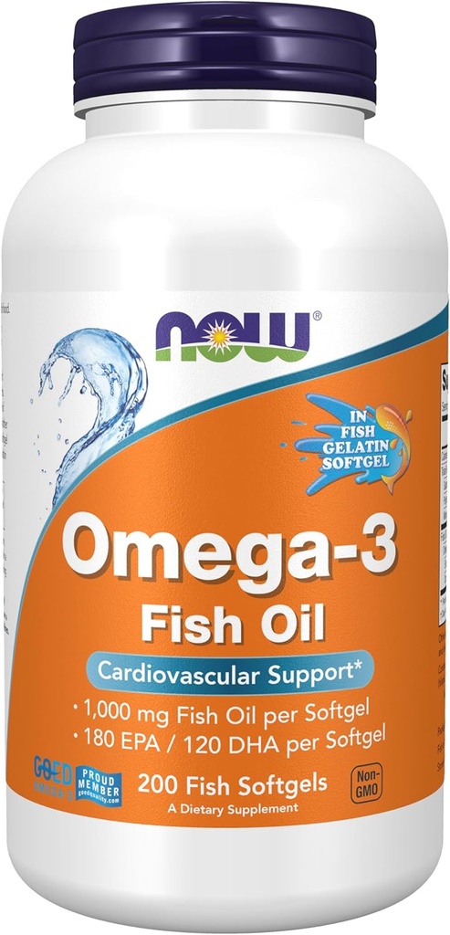 Now Foods Supplements, Omega-3 180 EPA / 120 DHA, Molekylært Destilleret, Cardiovaskulær Support *, 200- Fish Gelatine Softgels, Emballage kan variere