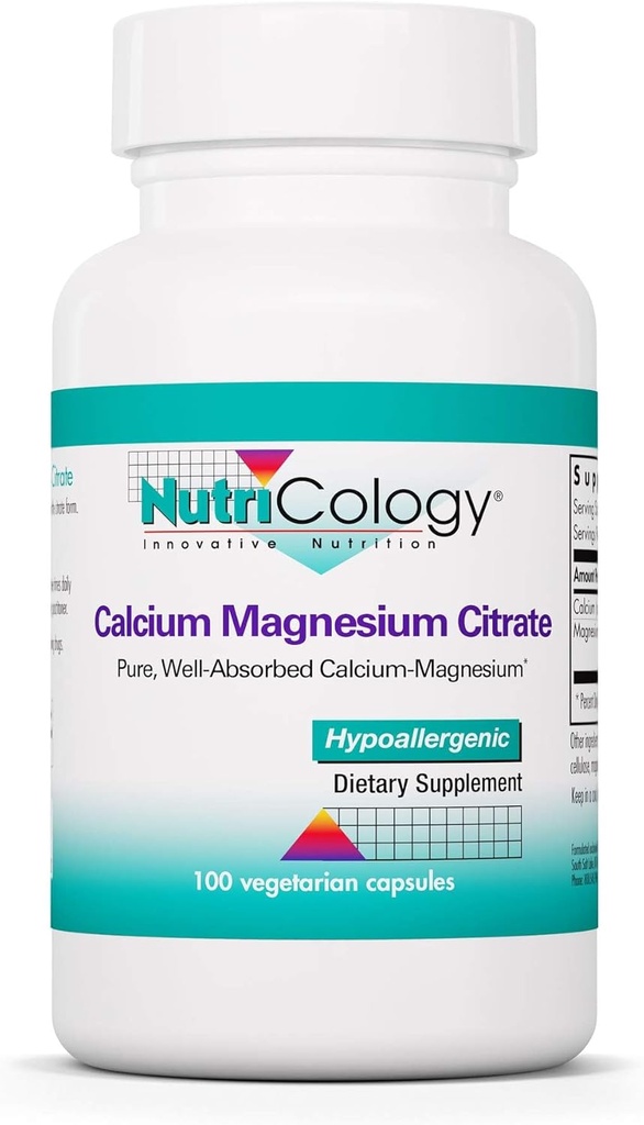 Nutricology Calcium Magnesium Citrate Supplement - Bone Health, med Calcium Citrate, Pure, Well- Absorberet, Vegetariske Kapsler - 100 Tæl